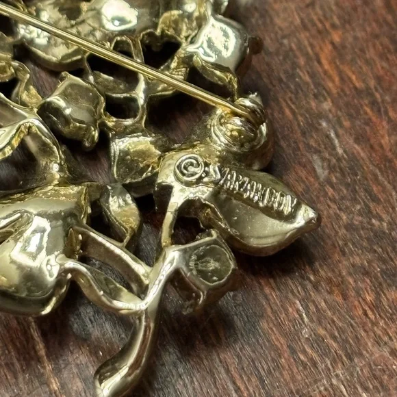 Sarah Coventry gold tone vintage enamel and pink rhinestone flower large brooch - Picture 2 of 6